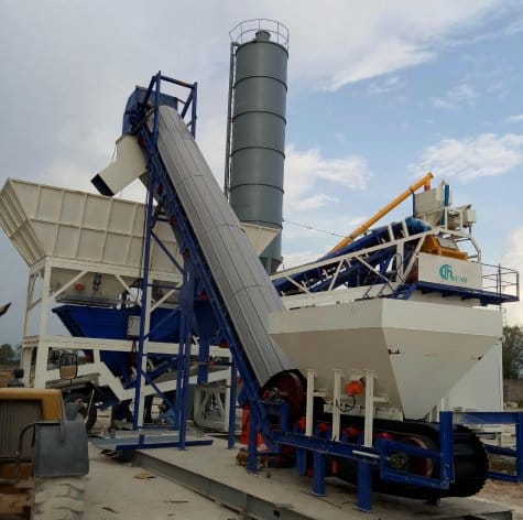 Mobile concrete batching plant at a construction site